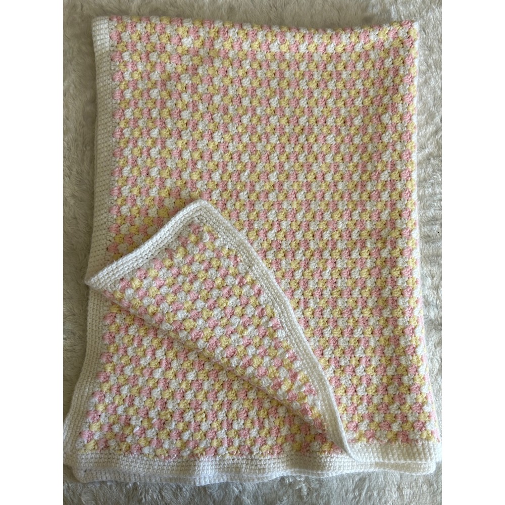 Handmade Crochet Baby Girl Blanket‎ 48x35 Pink Yellow White Pastel Afghan